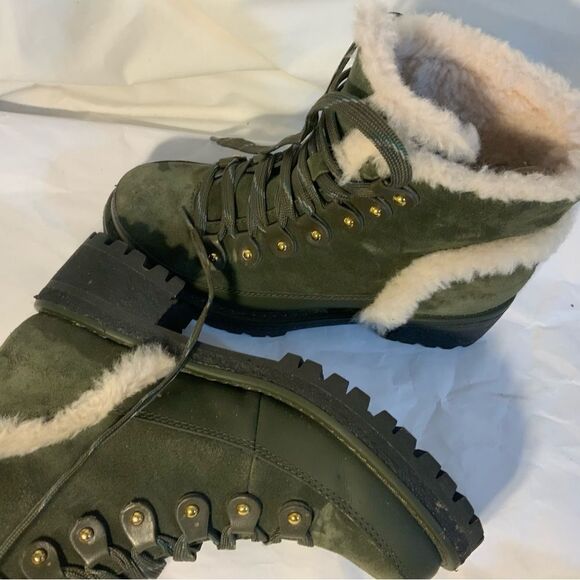 Tory Burch Boxwood Green Suede Cooper Shearling Bootie 5M - Picture 4 of 15